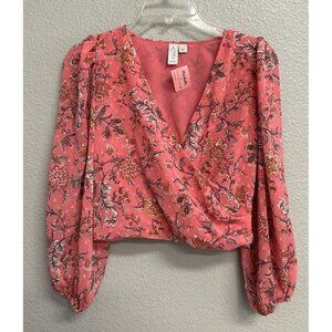 Joie Pink Floral Puff Sleeve Surplice Wrap Blouse Crop Top XS Femme NWT